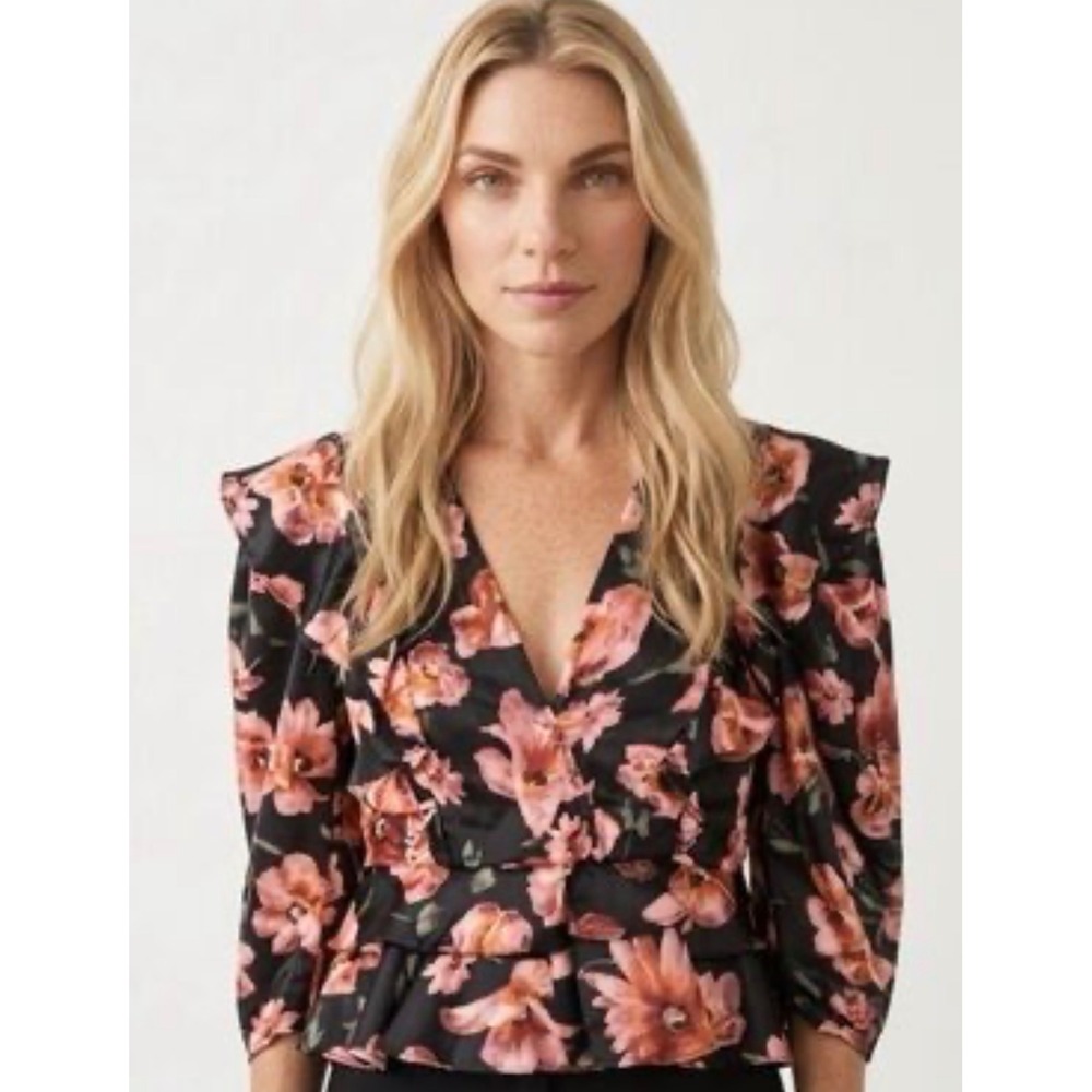 The Kooples Floral Ruffle Blouse Womens Size 1 Black Silk Blend Excellent Peplum